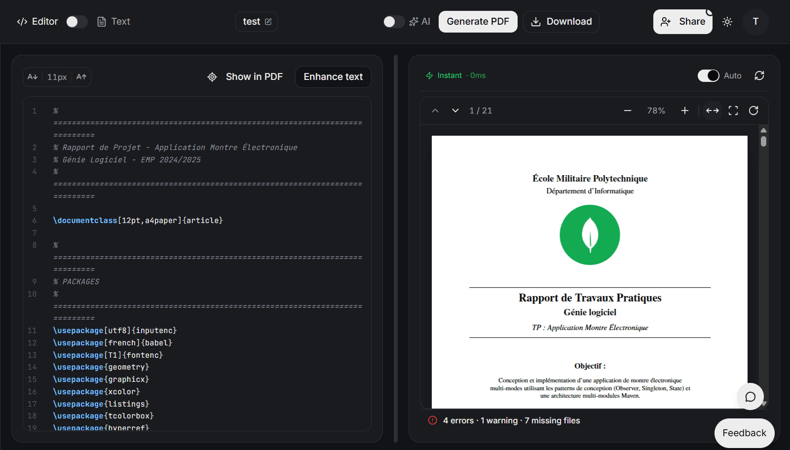 The text2pdf editor: LaTeX source on the left, the compiled PDF preview on the right.