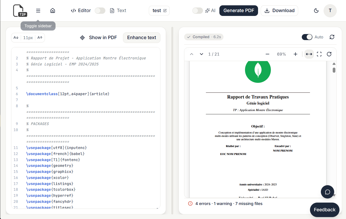 The text2pdf editor: LaTeX source on the left, the compiled PDF preview on the right.